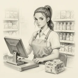 fan art, Rey as a supermarket cashier, pencil sketch