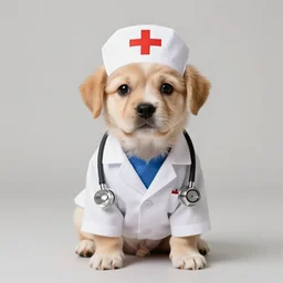 a cute puppy wearing a doctor, dog cosplay, Canon EOS R3, f/1.4, ISO 200, 1/160s, 8K, RAW, unedited, symmetrical balance, in-frame