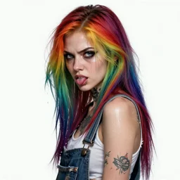 attractive grungy woman with rainbow hair, drunk, angry, soft eyes and narrow chin, dainty figure, long hair straight down, torn overalls, basic white background, side boob, tattooed, lip piercing, licks lips, wet shirt, wet, raining, highly detailed face, realistic face, beautiful detailed eyes, fantasy art, in the style of greg rutkowski, illustration, epic, fantasy, intricate, hyper detailed, artstation, concept art, smooth, sharp focus, ray tracing, vibrant,