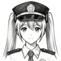 A monochrome, symmetrical, police sketch of the face of Hatsune Miku, 1980s, drawn on paper