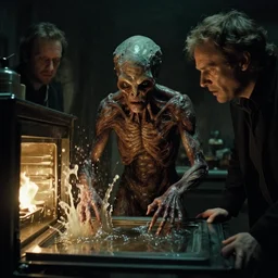 the strange creature in the oven, water caustics, film still from the movie directed by denis villeneuve and david cronenberg with art direction by h. r. giger and patrick faulwetter