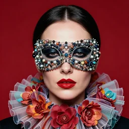 an 8 0 s portrait of a woman with dark eye - shadow and red lips with dark slicked back hair, a mask made of wire and beads, dreaming acid - fueled hallucinations, psychedelic by serge lutens, rolf armstrong, delphin enjolras, peter elson, red cloth background, frilled blooming collar