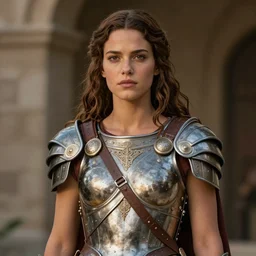 a young sandra bullock as an amazon warrior, tall and beautiful with brown skin and long hair, dressed in hellenistic body armor, intricate, elegant, highly detailed, smooth, sharp focus, detailed face, art by ardian syaf