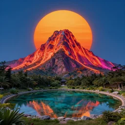 A big and beautiful neon mountain with a clear pond in front of it and an orange sun behind the mountain, professional photography, vivid
