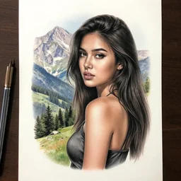 tattoo realism sketch of a beautiful girl next to a mountain scenery, hyper realistic