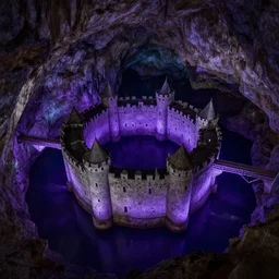a circular limestone castle inside an underground dark cavern filled with [ [ purple ] ] glowing liquid metal, castle is connected to the cavern walls by a wide bridge, aerial view, by greg rutkowski and bucha
