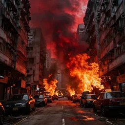 dirty, dark, streets of hong kong, huge fires flaming through the streets, blood red sky, apocalpyse