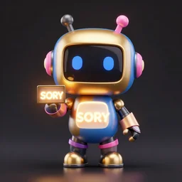 gold blue pink black cute robot toy ,holding a glowing sign that reads:'SORY', 3D render, dark smooth background, studio lighting, vivid colors