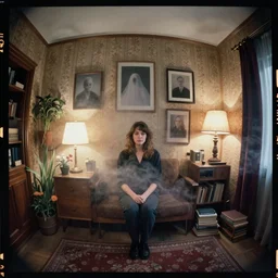 kodak portra 4 0 0, wetplate, fisheye, award - winning portrait by britt marling, 1 9 6 0 s room, ghost, picture frames, shining lamps, dust, smoke, 1 9 6 0 s furniture, wallpaper, carpet, books, muted colours, wood, fog, plants, flowers