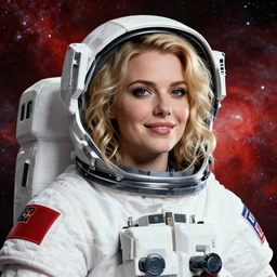 highly detailed portrait of a hopeful pretty astronaut lady with a wavy blonde hair, by atey ghailan, by kate beaton, by greg rutkowski, by konstantin yuon, by kaws, by kate beaton, 4 k resolution, nier : automata inspired, bravely default inspired, vibrant but dreary but upflifting red, black and white color scheme!!! ( ( space nebula background ) )