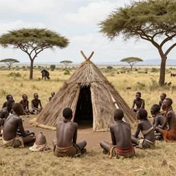 prehistoric shed in the primoradial savannahs of kenya in 1000 BC, early humans surrounding it in fascination