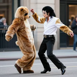 Michael jackson dancing with a guy wearing a fursuite at the streets of pelorinho Brazil, 1997, norman rockwell artwork style,