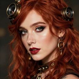 beautiful steampunk redhead woman, photography, glamor shot, portrait, 3 5 mm, closeup