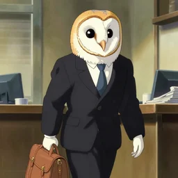 barn owl in a black suit wearing an office bag going to the office,drawn by Hayao Miyazaki , highly detailed,anime, anime shot,anime colours, inspired by My Neighbor Totoro 1988,cell shading,volumetric dynamic lighting,anime lighting
