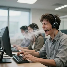 hyper realistic photo of the interior of a call centre open plan with windows, a weathered young man, women, laughter and screaming face, feedback loop, burst of powders, spraying liquid, volumetric lighting, twisting vapour, bellowing dust, full colour, upscale, 8 k