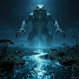 eerie, greek fantasy panorama, a magnificent lizard ghost giant above the magic shining river styx, at night, otherworldly, ghost giant above the horizon, stanley kubrick, 1 7 mm, wide shot, surreal, deep