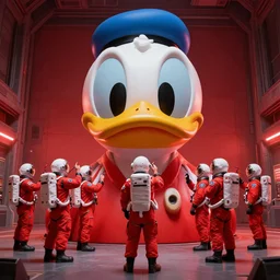 3 d wide shot, 9 astronauts in red suits, in a scifi hangar, doing finger painting on a giant donald duck head with red lighting, beeple