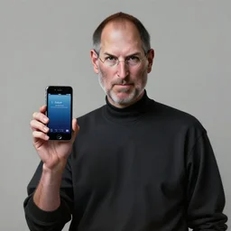 beautiful lifelike studio serious!!! painting of painting of epic!!!! steve jobs holding up an iphone with his left hand, other hand behind his back. perfectly shaded lighting, expressive!!!! creative!!!!! very very coherent, trending on artstation, greg rutkowski, hyper detailed, 4 k, high quality, smooth, sharp focus