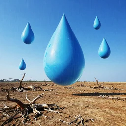 very big raindrops floating in a blue sunny sky above dead land, hyper detailed photorealistic, saturated colors, no clouds