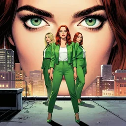peter mohrbacher, phil noto comicbook cover art, artgerm, emma stone poison ivy, vines, symmetrical eyes, full body, green outfit, city rooftop
