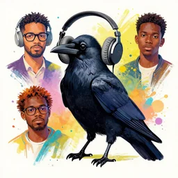 colorful illustration of black raven bird in headphones, colorful splatters, by andy wrahol and zac retz and kezie demessance
