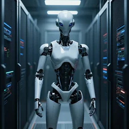symmetrical anthropomorphic android working in sci - fi server room. cinematic shot from alien isolation