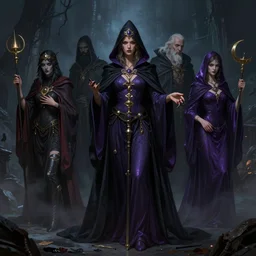 The night of the 5 murderous sorcerers, sci-fi, highly detailed, digital painting, artstation, concept art, smooth, sharp focus, illustration, art by artgerm and greg rutkowski and alphonse mucha