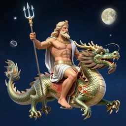 The greek water god Poseidon holding a trident, riding a Chinese dragon in space, earth in the background, digital art, 4k trending on artstation