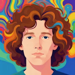 a colorful vibrant psychedelic closeup portrait of a simple caucasian man with curly mid length brown hair with a calm aesthetic face and dreaming psychedelic hair, by kawase hasui, moebius, edward hopper and james gilleard, zdzislaw beksinski, steven outram colorful flat surreal design, hd, 8 k, artstation