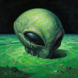 giant alien artifact folding on itself in green planet landscape painted by Zdzisław Beksiński