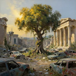 a tree growing in ancient greek ruins, gray wasteland, many scrap cars, trash, rubble, overgrown, pillars and arches, flowers, vines, trees, hyperrealistic, highly detailed, cinematic, single ray of golden sunlight, beautiful, cgssociety, artstation, 8 k, oil painting by greg rutkowski, by artgerm, by wlop, by simon stalenhag