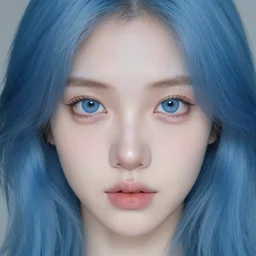 a pale girl with wide blue eyes and blue hair, soft facial features, looking directly at the camera, neutral expression, instagram picture