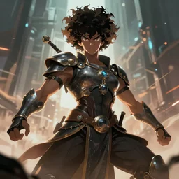 an afrofuturistic warrior in battle, anime style, cinematic, divine, ineffable, strong, powerful, stunning majestic beautiful godly muscular strong