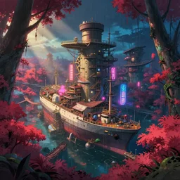 a beautiful hyperdetailed anime illustration of shipyard architecture nature by kazuyo sejima, anime at dawn nature uv light sunlight alien studio ghibli neon signs dramatic lighting forest nightvision tron nightsky rainforest infrared fisheye, archdaily, wallpaper, highly detailed, trending on artstation.