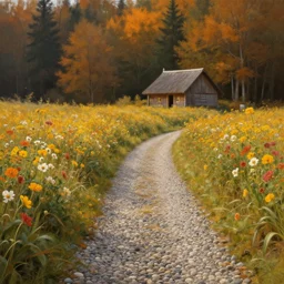 pebble path through a flower field leading to a hut. forest in the background. warm autumn day. atmospheric lighting. highly detailed digital painting by mark keathley. sharp focus, 8 k.