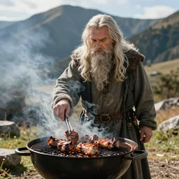 gandalf from lord of rings grilling meat in a barbecue outside, sunlight, natural lighting, nature, mountain, barbecue, professional photography, 5 0 mm lens w - 1 0 2 4
