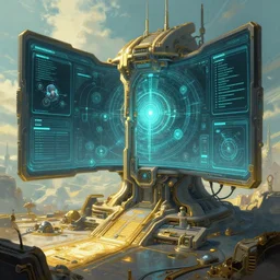 A solarpunk very highly detailed supercomputer with very highly GUI  in a very highly detailed cyberpunk middle age sci-fi style, digital rational painting art by Greg Rutkowski and Reka Nyari, sci-fi highly detailed, digital concept art, Dimensional cyan gold natural light, sharp focus, Golden Ratio illustration, realistic concept art by Stephen Hickman and James Gurney and Hiromasa Ogura Ghost in the Shell rendered in Octane Render, From the distance