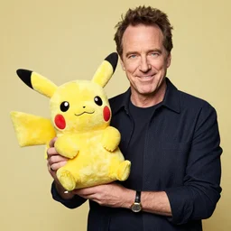 Bryan Cranston holding a Pikachu plush toy, advertising photography
