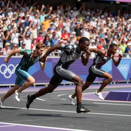 The matrix, LeeLoo, Starship Troopers, Sprinters in a race, The Olympics footage with crowd cheering, intense moment, cinematic stillframe, shot by Roger Deakins, The fifth element, vintage robotics, formula 1, starring Geena Davis, clean lighting