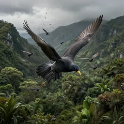 a flock of birds, new zealand lush landscape, moody : by michal karcz, guillermo del toro :, dynamic, particulate, intricate, elegant, highly detailed, centered, artstation, smooth, sharp focus, octane render