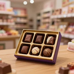 5 5 mm photo, of freshly gift box with chocolate by phillip ashley on a wooden table in a candy store. dof. bokeh. magical atmosphere. art by greg rutkowski. highly detailed 8 k. intricate. lifelike. soft light. nikon d 8 5 0.
