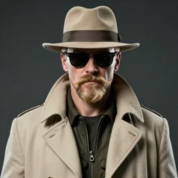 blonde Viktor Reznov from Call of Duty: World at War portrait with a beige coat, a blonde goatee, thick moustache, short hair, beige fedora, and sunglasses, photorealistic, dramatic lighting