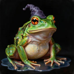 a baroque portrait painting of a frog wizard dripping in liquid mercury. iridescent colors, black background. highly detailed science fiction painting by norman rockwell, moebiucs, frank frazetta, and syd mead. rich colors, high contrast. artstation