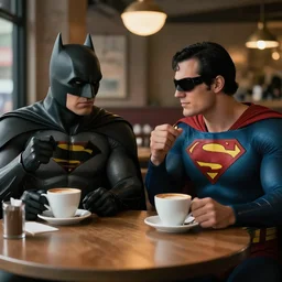 Batman and Superman drinking coffee at a cafe, movie still, cinematic, professional photography, 28mm