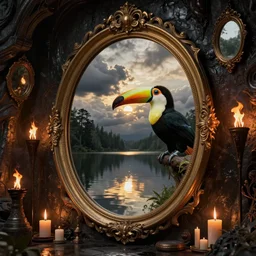 dark lake and massive oval mirror and toucan, cinematic, filmic, wildlife photography, ray tracing reflections, insanely detailed and intricate, hypermaximalist, elegant, ornate, hyper realistic, super detailed, golden hour, stormy weather, ominous, dark wet walls of a dungeon, fire torches, candles and mirrors everywhere