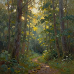 forest on sunrise, oil painting