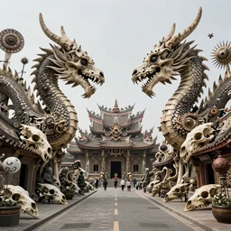 street view of a temple made of dragon skulls and bones, fantasy landscape made of fractals facing each other, ultra realistic, wide angle, intricate details, the fifth element artifacts, highly detailed by peter mohrbacher, hajime sorayama, wayne barlowe, boris vallejo, aaron horkey, gaston bussiere, craig mullins