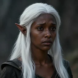 a portrait of a female drow elf, pitchblack skin, naive, innocent, worried, young adult, long white hair, style by donato giancola, wayne reynolds, jeff easley dramatic light, high detail, cinematic lighting, artstation, dungeons and dragons