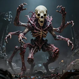 bone monster with many arms and legs, flesh, tall, cinematic lighting, horror, cosmic horror, octane render, unreal engine, highly detailed, inspired by cronenberg and guillermo del toro, shabab alizadeh, maximus jacobs