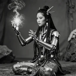 vintage bw photo of a cyberpunk cyborg shaman doing magic